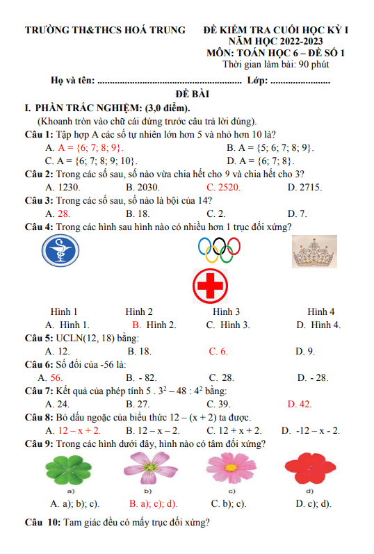 Đề cuối kỳ 1 Toán 6 năm 2022 – 2023 trường TH&THCS Hóa Trung – Thái Nguyên