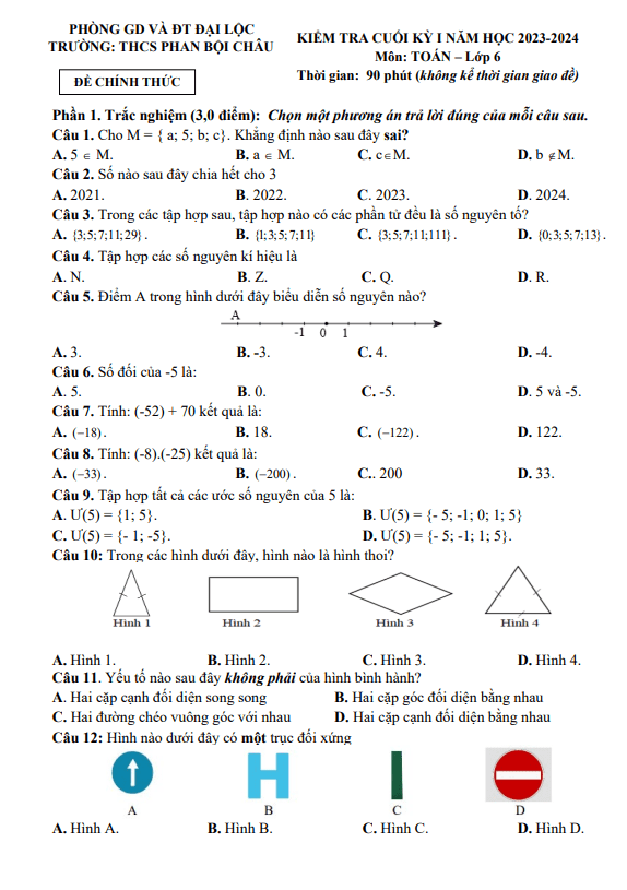 Đề cuối kỳ 1 Toán 6 năm 2023 – 2024 trường THCS Phan Bội Châu – Quảng Nam
