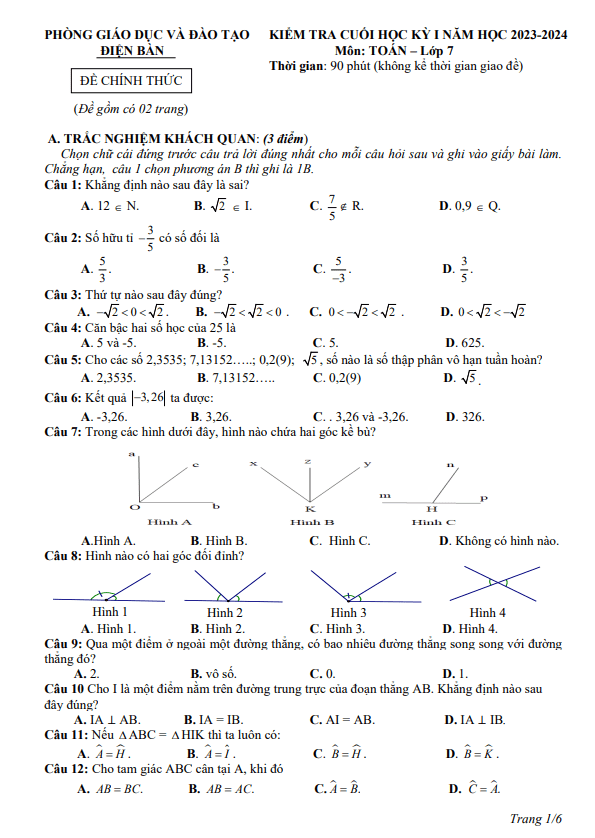 Đề cuối kỳ 1 Toán 7 năm 2023 – 2024 phòng GD&ĐT Điện Bàn – Quảng Nam