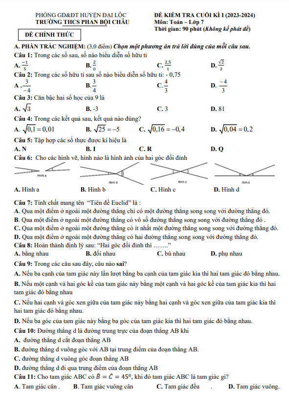Đề cuối kỳ 1 Toán 7 năm 2023 – 2024 trường THCS Phan Bội Châu – Quảng Nam