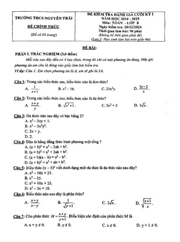Đề cuối kỳ 1 Toán 8 năm 2024 – 2025 trường THCS Nguyễn Trãi – TP HCM