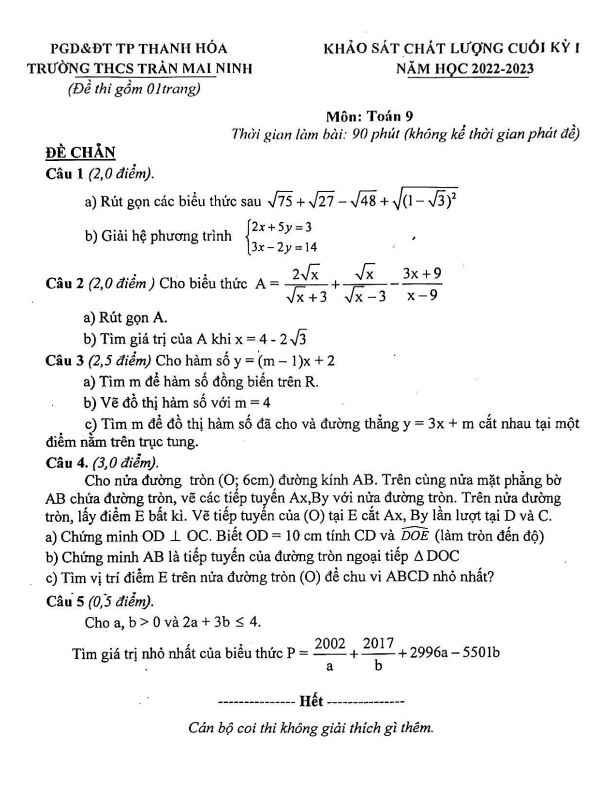 Đề cuối kỳ 1 Toán 9 năm 2022 – 2023 trường THCS Trần Mai Ninh – Thanh Hóa
