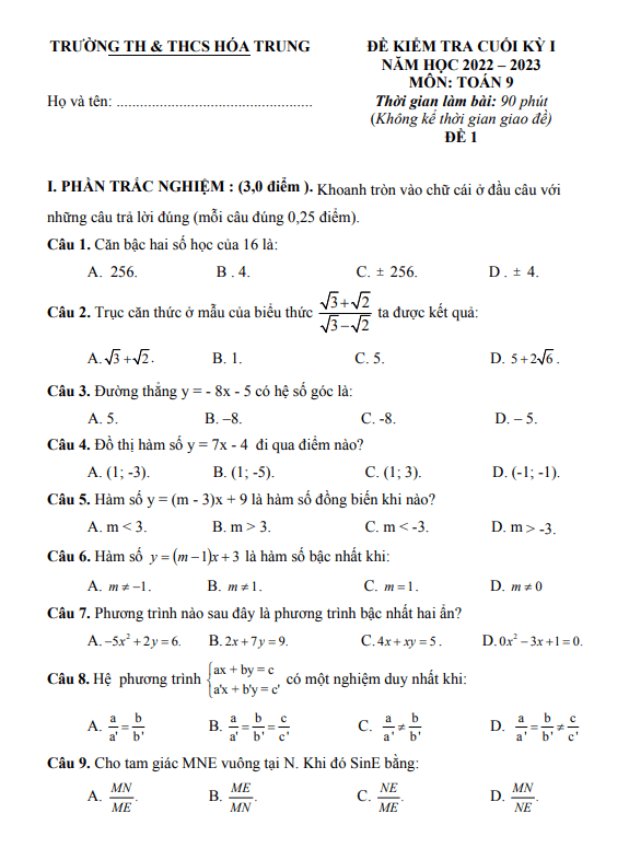 Đề cuối kỳ 1 Toán 9 năm 2022 – 2023 trường TH&THCS Hóa Trung – Thái Nguyên