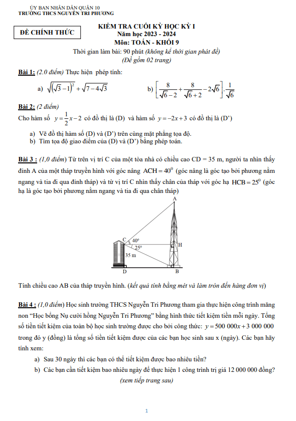 Đề cuối kỳ 1 Toán 9 năm 2023 – 2024 trường THCS Nguyễn Tri Phương – TP HCM