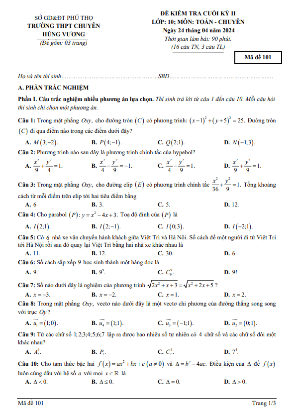 Đề cuối kỳ 2 Toán 10 chuyên năm 2023 – 2024 trường chuyên Hùng Vương – Phú Thọ