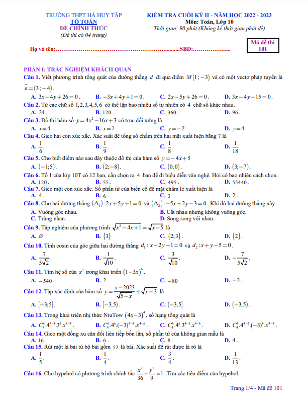 Đề cuối kỳ 2 Toán 10 năm 2022 – 2023 trường THPT Hà Huy Tập – Nghệ An