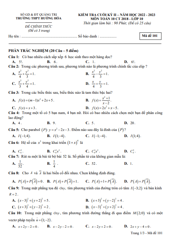 Đề cuối kỳ 2 Toán 10 năm 2022 – 2023 trường THPT Hướng Hóa – Quảng Trị