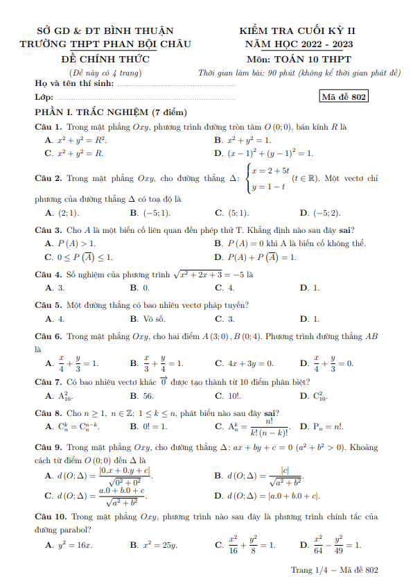 Đề cuối kỳ 2 Toán 10 năm 2022 – 2023 trường THPT Phan Bội Châu – Bình Thuận