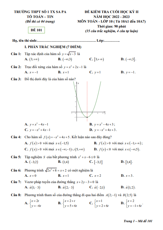 Đề cuối kỳ 2 Toán 10 năm 2022 – 2023 trường THPT số 1 TX Sa Pa – Lào Cai