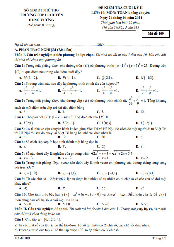 Đề cuối kỳ 2 Toán 10 năm 2023 – 2024 trường THPT chuyên Hùng Vương – Phú Thọ