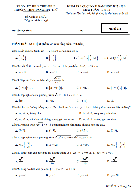 Đề cuối kỳ 2 Toán 10 năm 2023 – 2024 trường THPT Đặng Huy Trứ – TT Huế