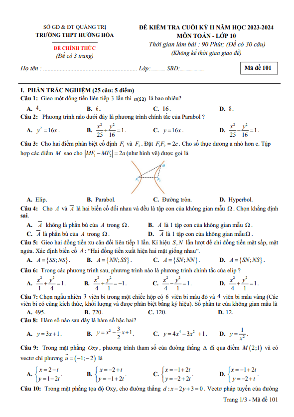 Đề cuối kỳ 2 Toán 10 năm 2023 – 2024 trường THPT Hướng Hóa – Quảng Trị