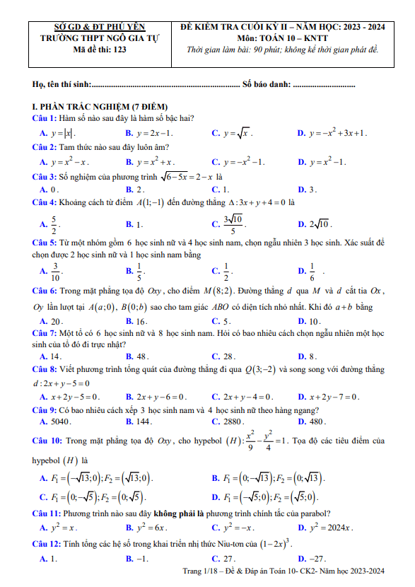 Đề cuối kỳ 2 Toán 10 năm 2023 – 2024 trường THPT Ngô Gia Tự – Phú Yên