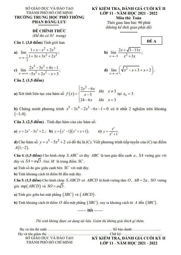 Đề cuối kỳ 2 Toán 11 năm 2021 – 2022 trường THPT Phan Đăng Lưu – TP HCM