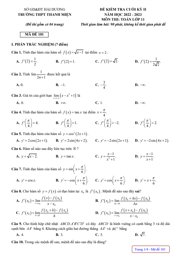 Đề cuối kỳ 2 Toán 11 năm 2022 – 2023 trường THPT Thanh Miện – Hải Dương