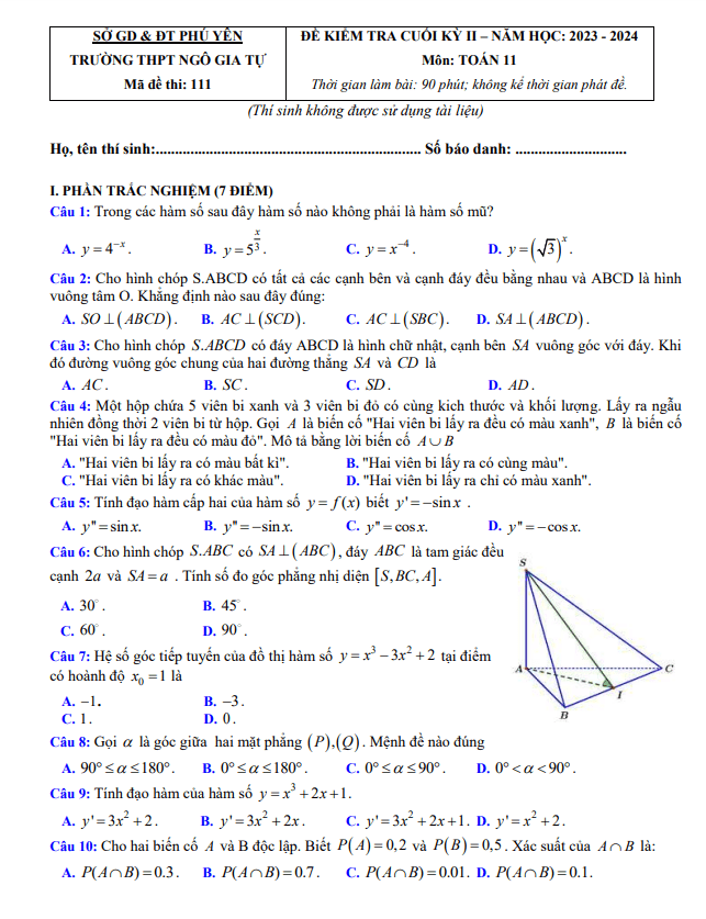 Đề cuối kỳ 2 Toán 11 năm 2023 – 2024 trường THPT Ngô Gia Tự – Phú Yên