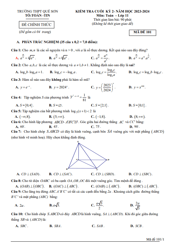 Đề cuối kỳ 2 Toán 11 năm 2023 – 2024 trường THPT Quế Sơn – Quảng Nam