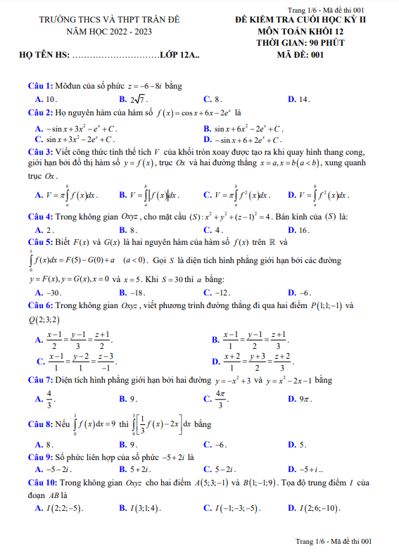 Đề cuối kỳ 2 Toán 12 năm 2022 – 2023 trường THCS – THPT Trần Đề – Sóc Trăng