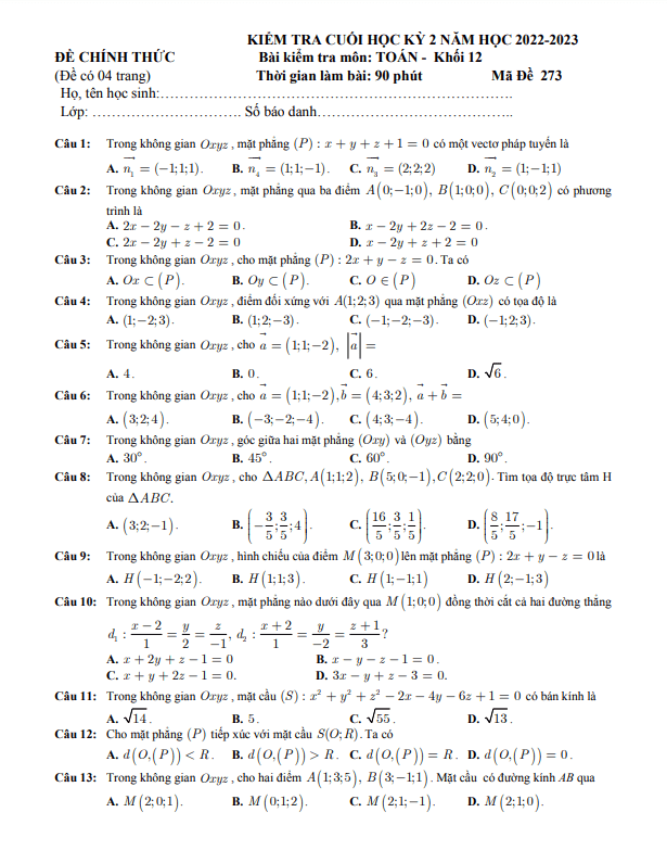 Đề cuối kỳ 2 Toán 12 năm 2022 – 2023 trường THPT Nguyễn Tất Thành – TP HCM