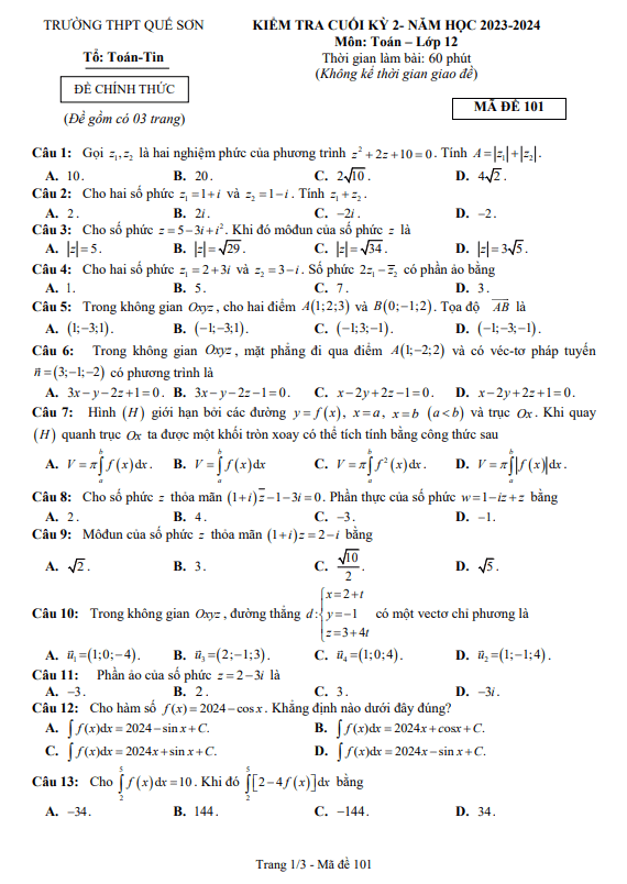 Đề cuối kỳ 2 Toán 12 năm 2023 – 2024 trường THPT Quế Sơn – Quảng Nam