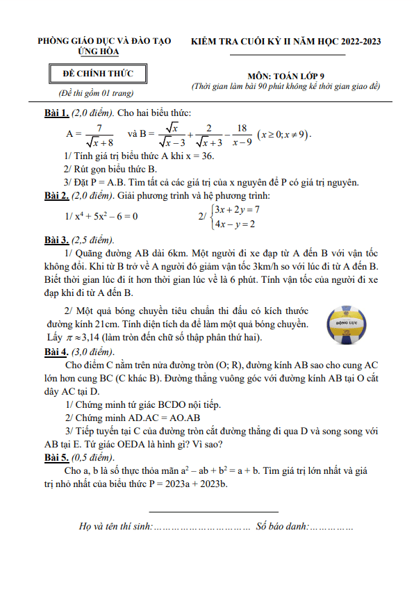 Đề cuối kỳ 2 Toán 9 năm 2022 – 2023 phòng GD&ĐT Ứng Hòa – Hà Nội