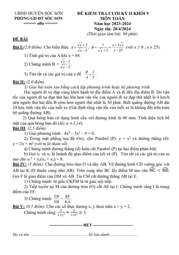 Đề cuối kỳ 2 Toán 9 năm 2023 – 2024 phòng GD&ĐT Sóc Sơn – Hà Nội