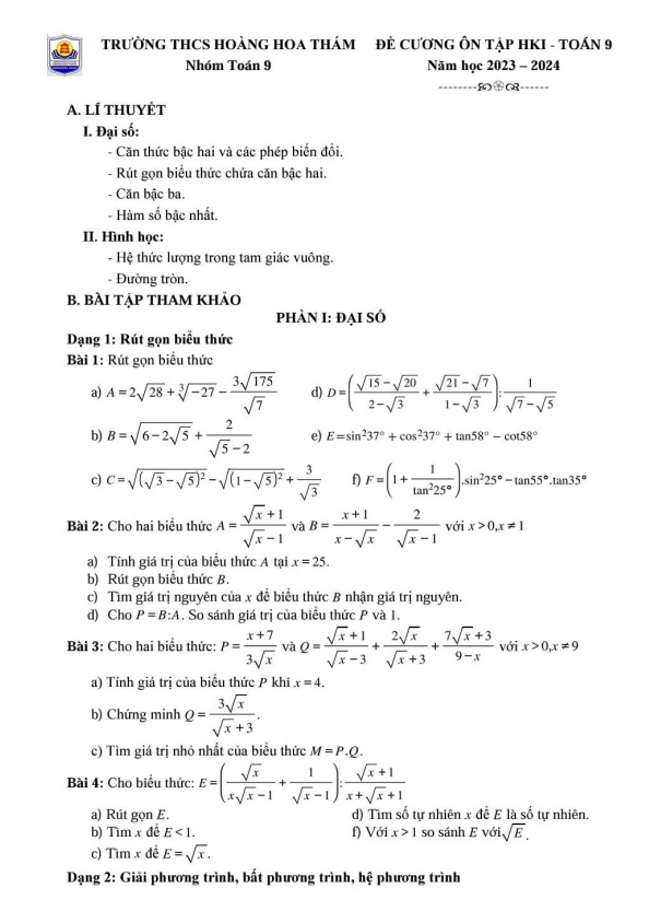 Đề cương cuối HK1 Toán 9 năm 2023 – 2024 trường THCS Hoàng Hoa Thám – Hà Nội