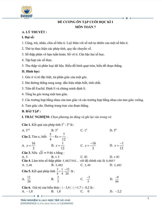 Đề cương cuối học kì 1 Toán 7 năm 2024 – 2025 trường Everest Schools – Hà Nội