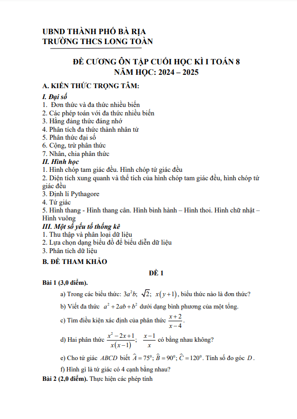 Đề cương cuối học kì 1 Toán 8 năm 2024 – 2025 trường THCS Long Toàn – BR VT