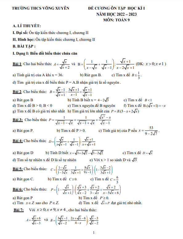Đề cương cuối học kì 1 Toán 9 năm 2022 – 2023 trường THCS Võng Xuyên – Hà Nội