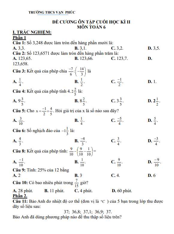 Đề cương cuối học kì 2 Toán 6 năm 2023 – 2024 trường THCS Vạn Phúc – Hà Nội