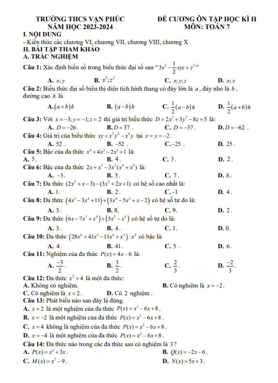 Đề cương cuối học kì 2 Toán 7 năm 2023 – 2024 trường THCS Vạn Phúc – Hà Nội