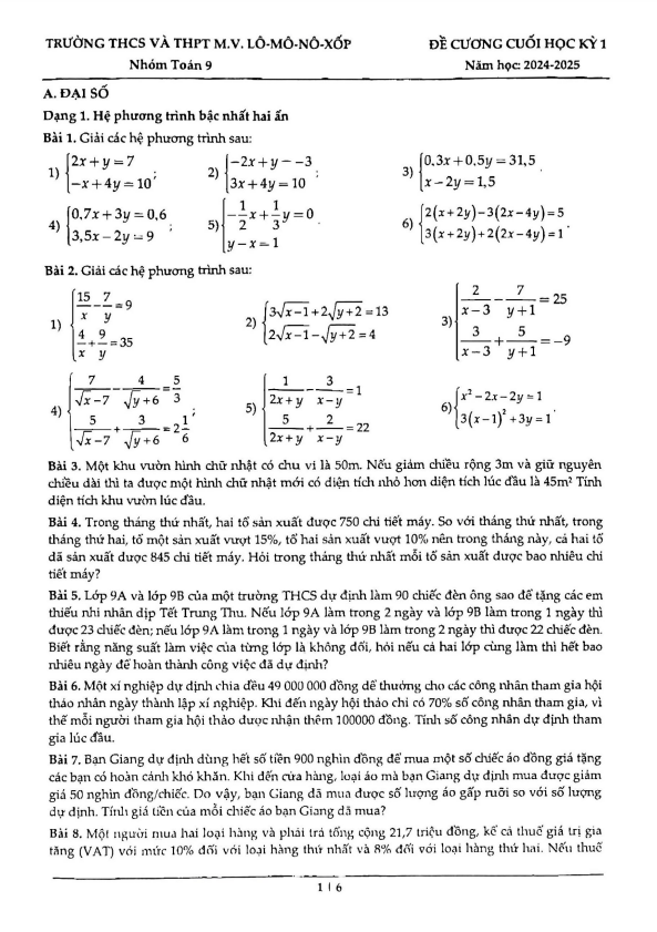 Đề cương cuối học kỳ 1 Toán 9 năm 2024 – 2025 trường M.V. Lômônôxốp – Hà Nội