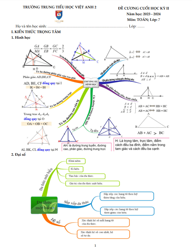 Đề cương cuối học kỳ 2 Toán 7 năm 2023 – 2024 trường Việt Anh 2 – Bình Dương