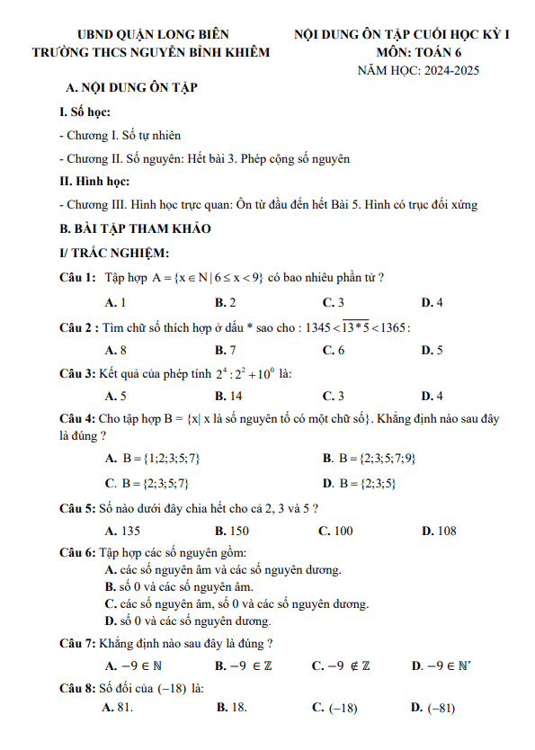 Đề cương cuối kì 1 Toán 6 năm 2024 – 2025 trường THCS Nguyễn Bỉnh Khiêm – Hà Nội