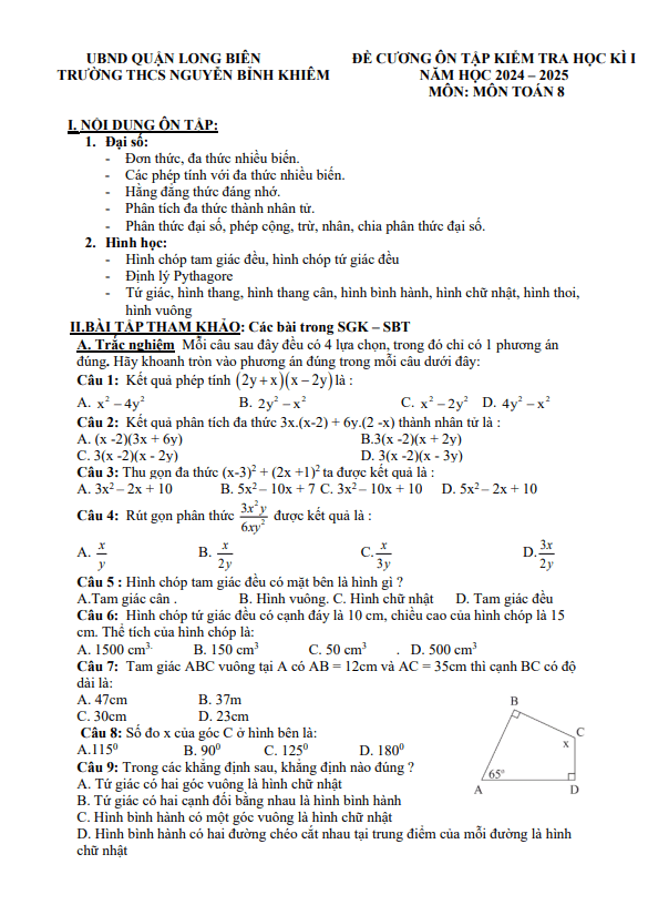Đề cương cuối kì 1 Toán 8 năm 2024 – 2025 trường THCS Nguyễn Bỉnh Khiêm – Hà Nội