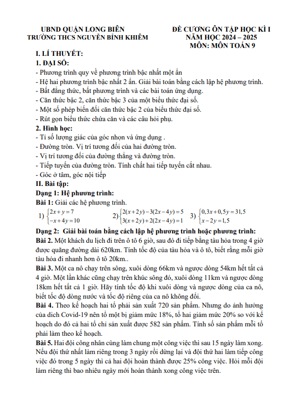 Đề cương cuối kì 1 Toán 9 năm 2024 – 2025 trường THCS Nguyễn Bỉnh Khiêm – Hà Nội