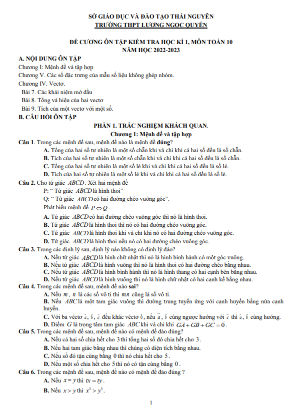 Đề cương cuối kỳ 1 Toán 10 năm 2022 – 2023 THPT Lương Ngọc Quyến – Thái Nguyên