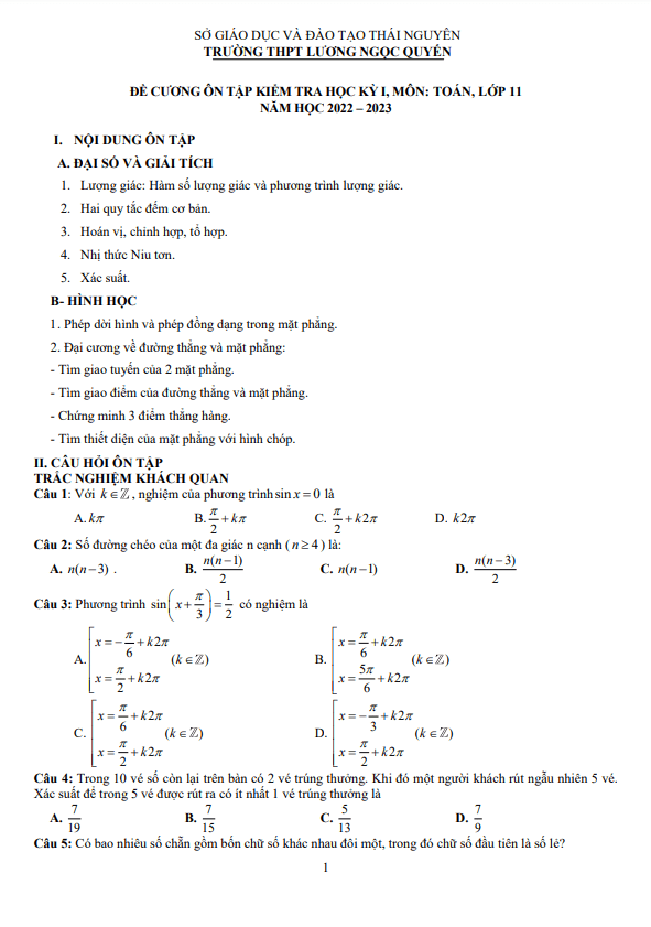 Đề cương cuối kỳ 1 Toán 11 năm 2022 – 2023 THPT Lương Ngọc Quyến – Thái Nguyên