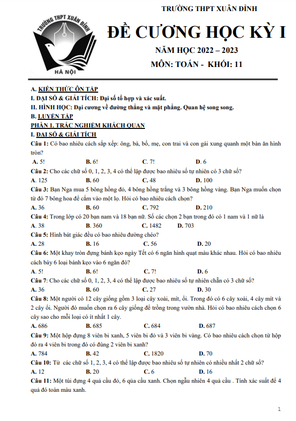 Đề cương cuối kỳ 1 Toán 11 năm 2022 – 2023 trường THPT Xuân Đỉnh – Hà Nội