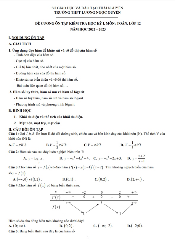 Đề cương cuối kỳ 1 Toán 12 năm 2022 – 2023 THPT Lương Ngọc Quyến – Thái Nguyên