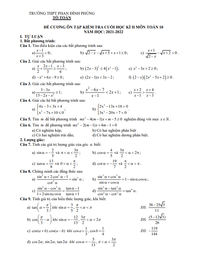Đề cương cuối kỳ 2 Toán 10 năm 2021 – 2022 trường Phan Đình Phùng – Quảng Bình