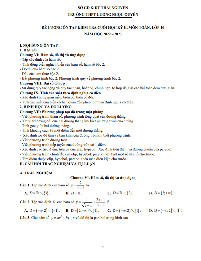 Đề cương cuối kỳ 2 Toán 10 năm 2022 – 2023 THPT Lương Ngọc Quyến – Thái Nguyên