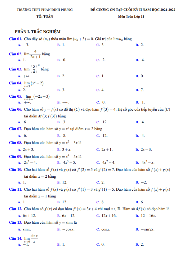 Đề cương cuối kỳ 2 Toán 11 năm 2021 – 2022 trường Phan Đình Phùng – Quảng Bình