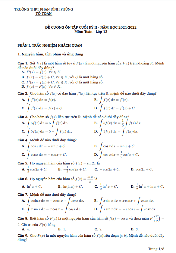 Đề cương cuối kỳ 2 Toán 12 năm 2021 – 2022 trường Phan Đình Phùng – Quảng Bình