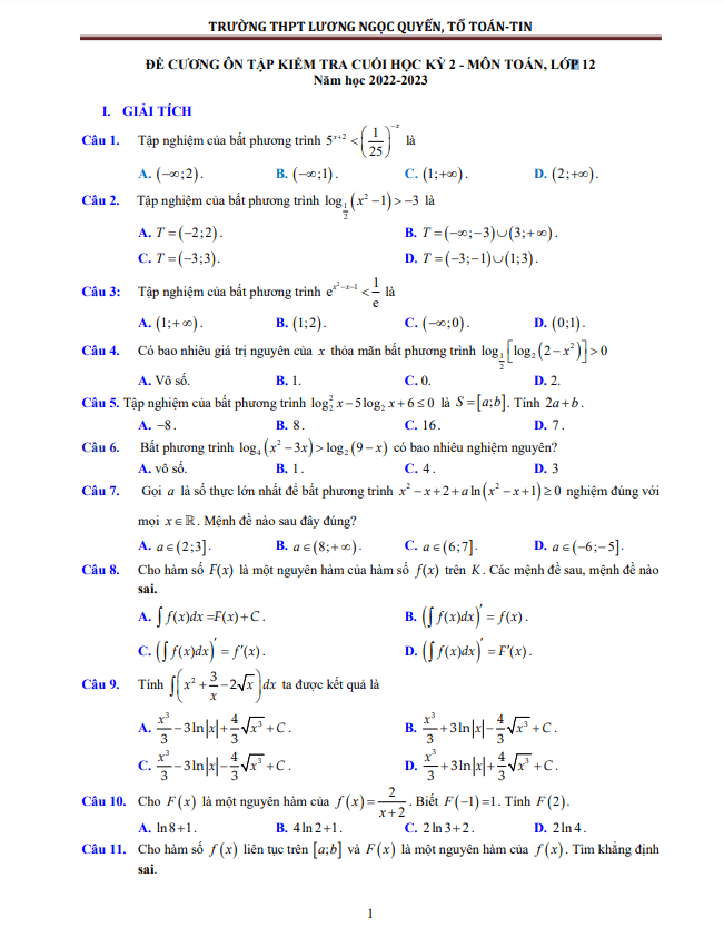 Đề cương cuối kỳ 2 Toán 12 năm 2022 – 2023 THPT Lương Ngọc Quyến – Thái Nguyên