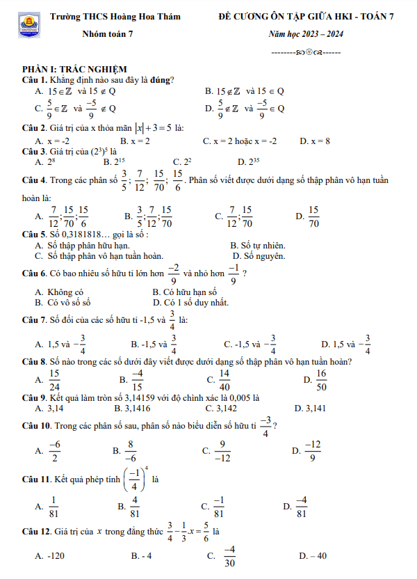 Đề cương giữa HK1 Toán 7 năm 2023 – 2024 trường THCS Hoàng Hoa Thám – Hà Nội