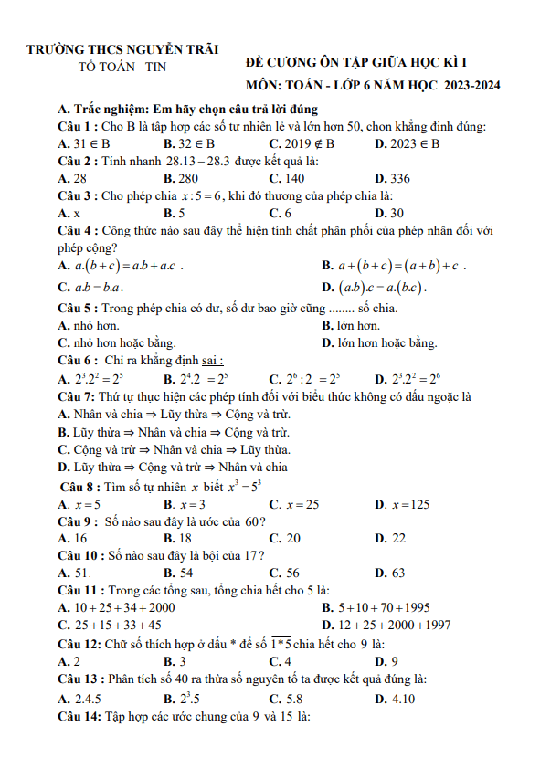 Đề cương giữa học kì 1 Toán 6 năm 2023 – 2024 trường THCS Nguyễn Trãi – Quảng Trị