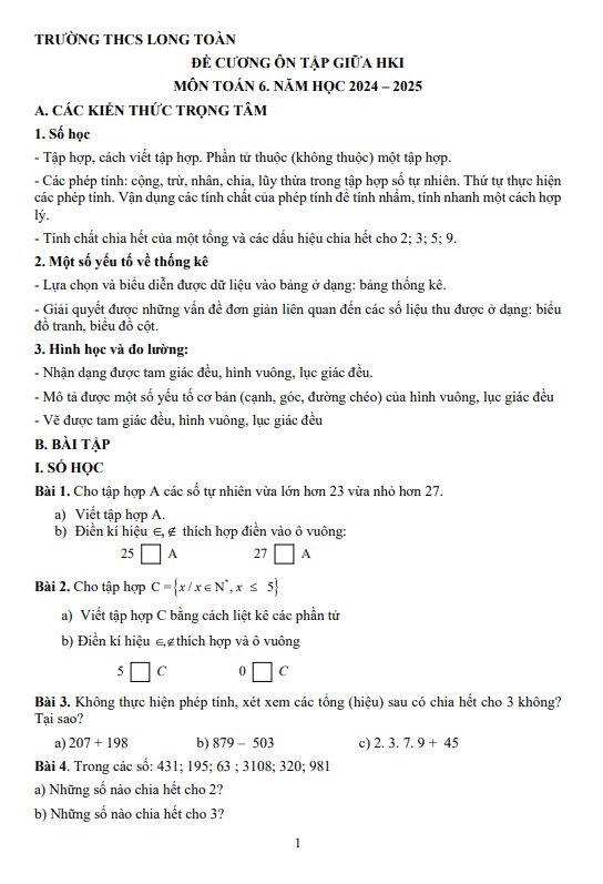 Đề cương giữa học kì 1 Toán 6 năm 2024 – 2025 trường THCS Long Toàn – BR VT
