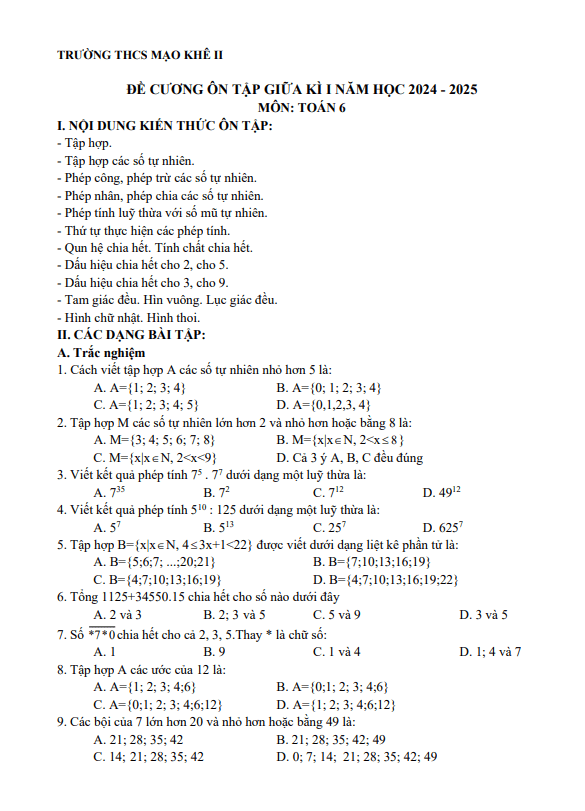 Đề cương giữa học kì 1 Toán 6 năm 2024 – 2025 trường THCS Mạo Khê 2 – Quảng Ninh